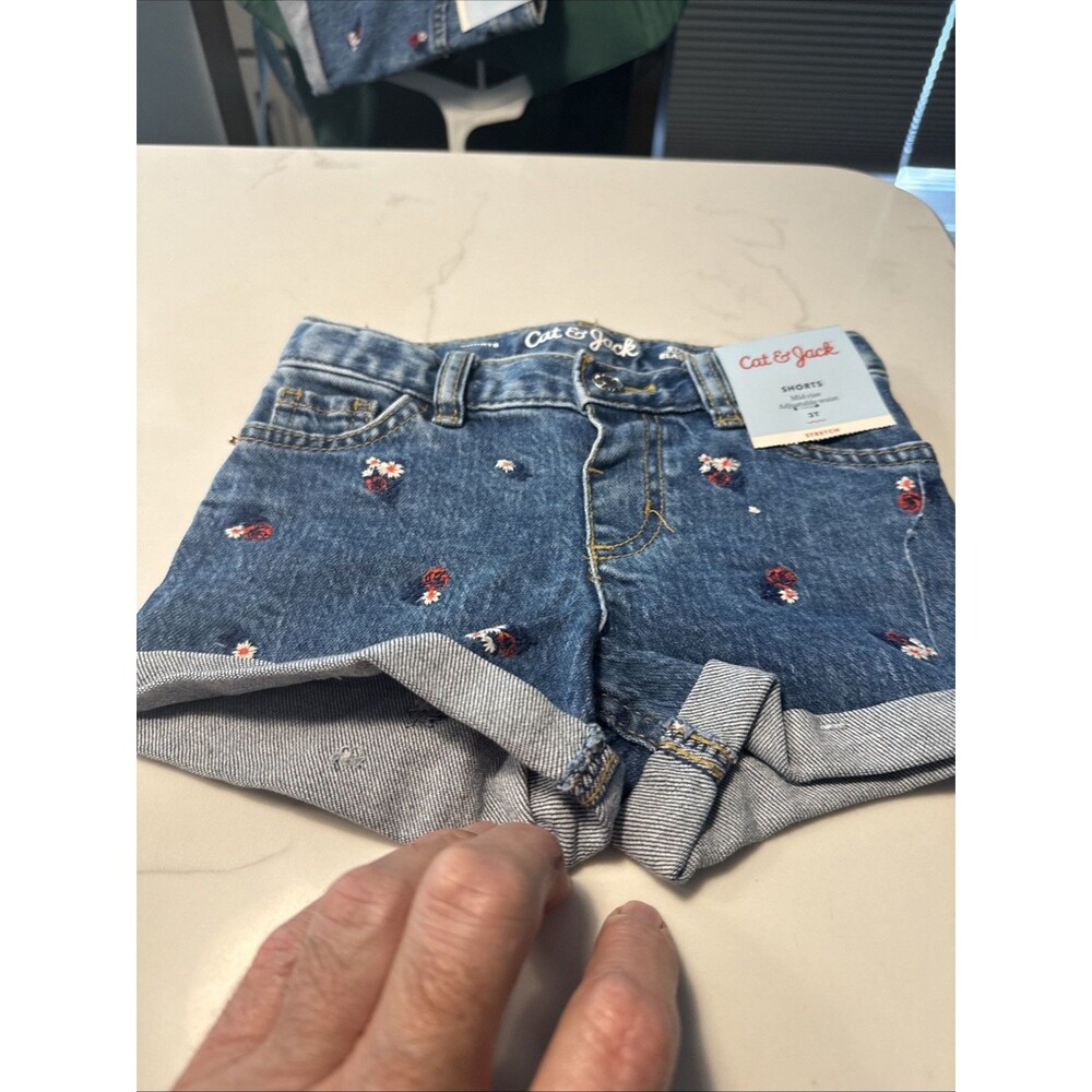 Cat & Jack Jean Floral Denim Shorts 3T Embroidered Mid Rise Adj Waist New